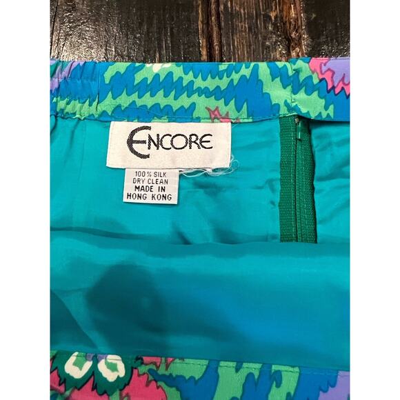 Vintage Encore Hong Kong 100% Silk Skirt Suit Set M 8-10 Teal Pink Floral - Picture 3 of 13